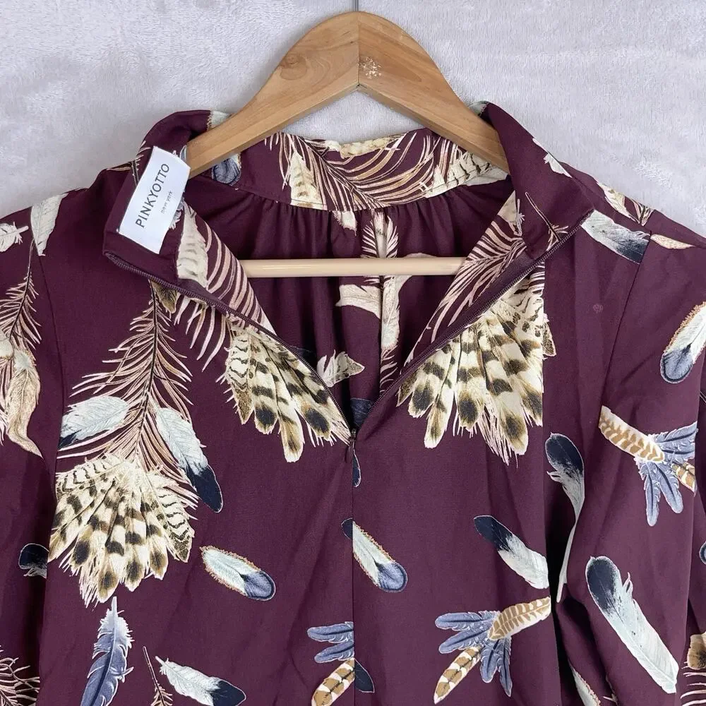 Pinkyotto New York Blouse Mock Nexk Feather Print Burgundy Top Med Boho Earthy